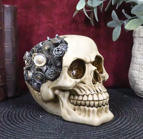 Vista 7 de ATL Autotechnik estatuilla de cráneo humano robótico con engranajes salientes Steampunk