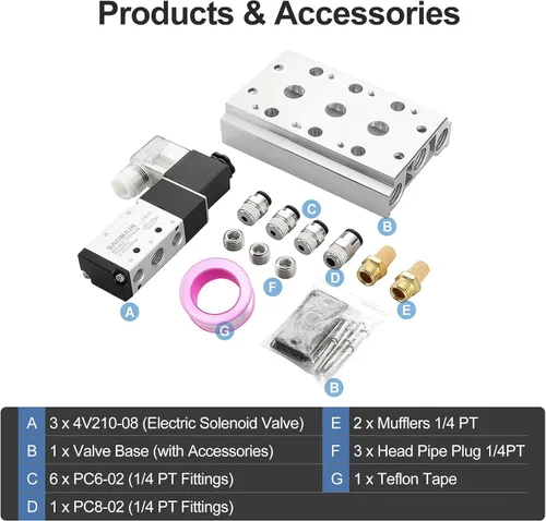 Vista 3 de BAOMAIN 12V DC 5/2 Electroválvula neumática 3 Estación 4V210-08 Kit de colector Includes 3-Station 4V210-08 12V DC Solenoid Valves, 1/4" PT