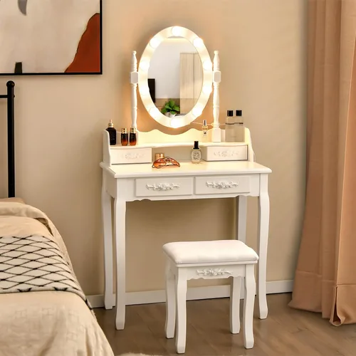 Vista 15 de Giantex Juego de tocador con espejo iluminado, mesa de maquillaje con 10 luces rosadas, escritorio de tocador moderno con taburete acolchado, 3