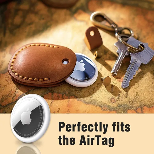Vista 3 de Llavero de Airtag de cuero genuino, llavero portátil de Air tag con anillos para llaves, funda de cobertura oculta completa compatible con Airtag