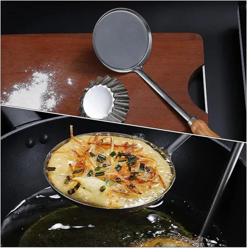 Vista 5 de Cabilock Cuchara plana redonda para freír, cuchara para freír, cuchara de cocina con mango de madera de acero inoxidable, cuchara de roseta