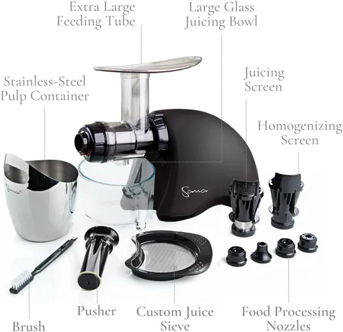 Vista 5 de Cold Press SANA 707 Exprimidor horizontal clásico de baja velocidad Fácil de limpiar, potente, alimentación automática, accesorio de apio, postres