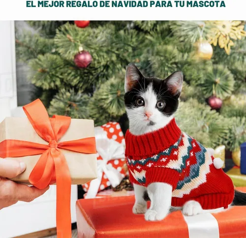 Vista 2 de 2 piezas de suéter de Navidad para cachorros, ropa de cuello alto de punto para gatos, disfraces de elfo de Navidad, ropa cálida para perros, suéter