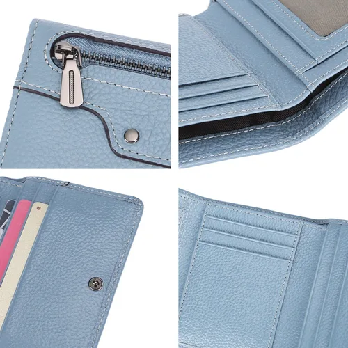 Vista 7 de AINIMOER Cartera pequeña de piel para mujer, delgada, compacta, con bloqueo RFID, con bolsillo para monedas, Bloqueo Rfid de Lichee Gray Blue