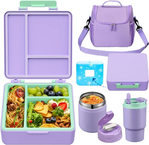 Vista 11 de Lonchera Bento para niños con termo de sopa de 17 onzas, botella de agua aislada y bolsa de almuerzo aislada, a prueba de fugas, contenedor