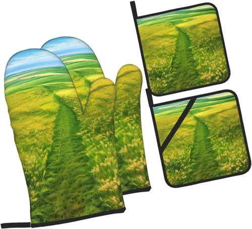 Vista 2 de Grassland Paths Oven Mitt and Pot Holder Set Heat Resistant 4-Piece Set, Suitable for Kitchen Cooking Baking Grill Chef Gift