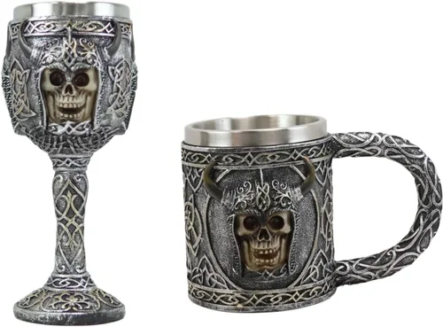 Vista 4 de Ebros Viking Berserker - Taza de café de calavera con cuernos de bisonte, 16 onzas con patrones de nudos celtas, con forro de acero inoxidable