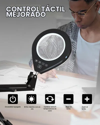 Vista 3 de Lupa con luz, lente 10X/5X, LED regulable, brazo oscilante, blanco Soporte de abrazadera, 5 colores y 10 de brillo, lámpara de aumento