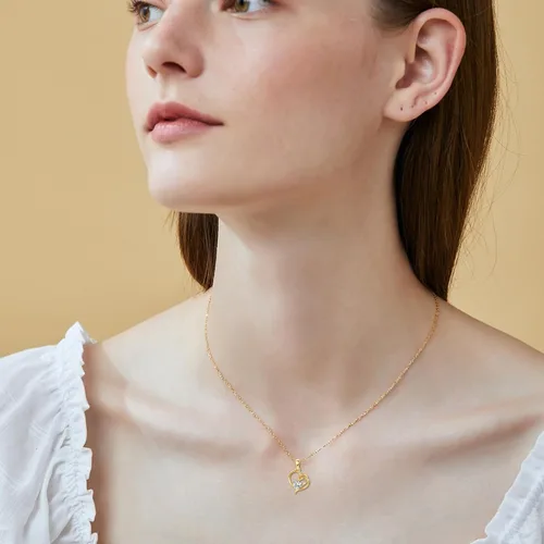Vista 6 de Collar de oro real de 14 quilates con forma de corazón y rosa de oro sólido para mujeres, amantes del día de San Valentín, regalos de Navidad