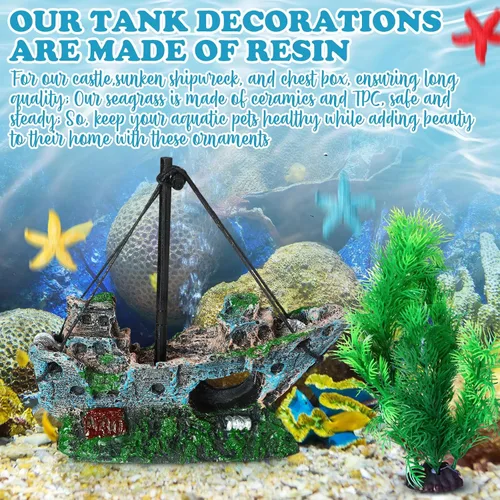 Vista 6 de Wenqik Decoraciones de Acuario Grandes, Naufragio Hundido de Resina, Cofre del Tesoro Submarino, Ruinas de Castillo Antiguo Túnel Casa, Plantas