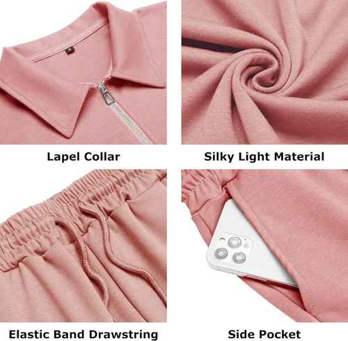 Vista 5 de URRU Conjunto casual de polo y pantalones cortos de manga corta para hombre, conjunto de dos piezas, conjunto deportivo con cremallera para hombre