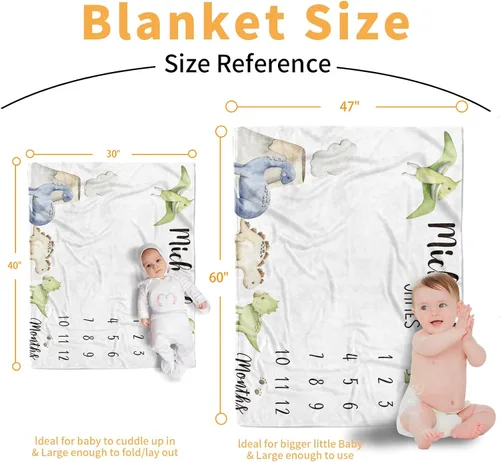 Vista 7 de Manta de hito mensual personalizada para bebé, nombre personalizado con diseño de dinosaurio, fondo de fotografía, manta de felpa suave con respaldo