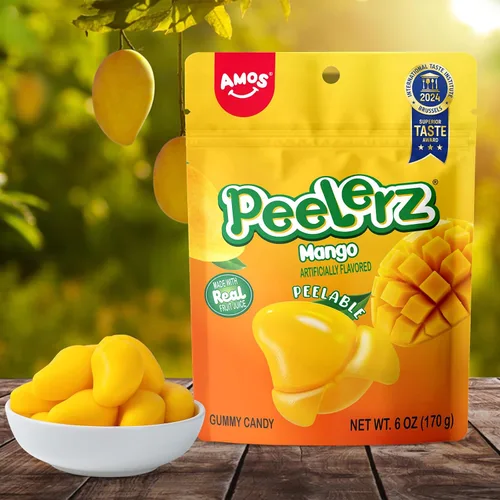Vista 4 de AMOS Peelerz - Caramelo de goma pelable, mango/lichi/maracuyá/melocotón Paquete de 4 variedades, 3 oz cada uno, total 11.99 oz