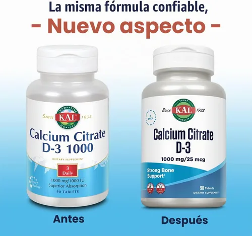 Vista 2 de KAL Citrato de calcio con tabletas D 1000 UI, 1000 mg, 90