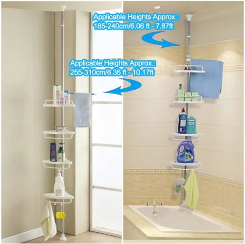 Vista 4 de Hershii Estante de ducha esquinero de 4 niveles con barra de tensión, organizador de estante de baño, estante de almacenamiento ajustable para baño