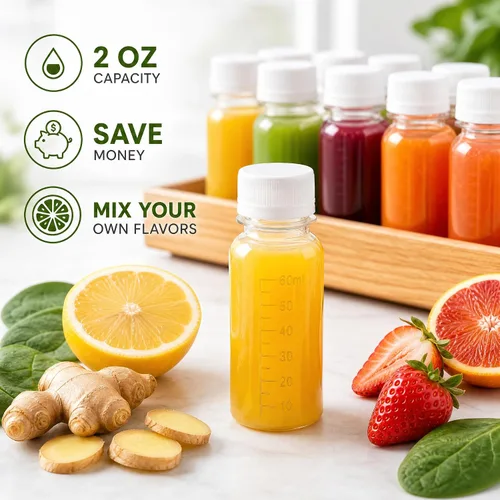 Vista 8 de ZENFUN 48 botellas pequeñas de plástico transparente de 2 onzas con tapa, botellas de jengibre con tapa, botella vacía para jugo, líquidos, whisky