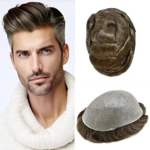 Vista 57 de 0.002 in ultra fina piel tupé Remy cabello humano piezas para hombres V-Looped sistema de pelo para hombre tupé pelo tupé para hombres protesis
