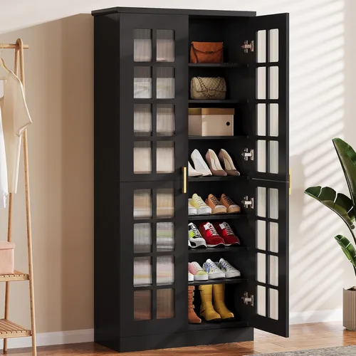 Vista 5 de Tribesigns Zapatero alto con puertas, almacenamiento de zapatos de 8 niveles con estantes ajustables, moderno organizador de zapatos para entrada