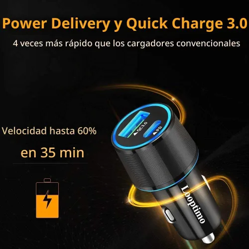 Vista 2 de Adaptador de cargador de coche rápido USB C de 45 W con cable tipo C de 3.3 Negro
