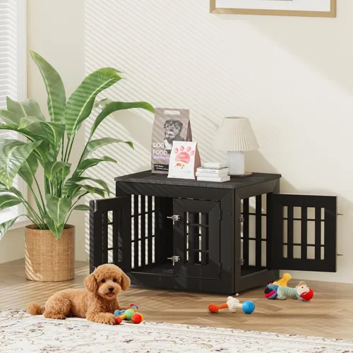 Vista 5 de Snuowu Mueble de jaula de perro resistente de 26 pulgadas para perros pequeños, medianos y grandes, jaula rústica de madera para perros, muebles