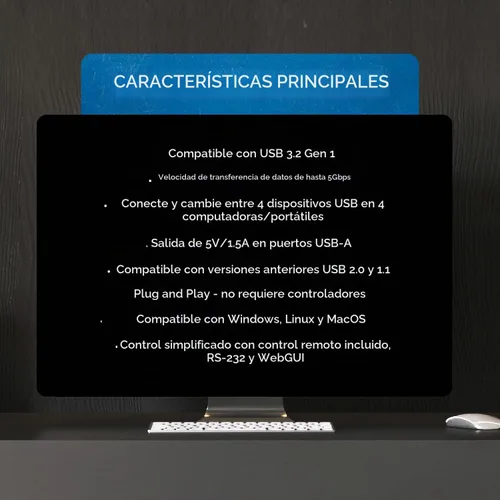 Vista 7 de OREI Interruptor de matriz USB 4x4 - USB 3.2, control remoto IR, RS-232
