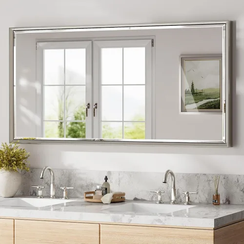 Vista 46 de Espejo de baño negro, espejo de baño biselado de 16 x 24 pulgadas para pared, espejo con marco negro antioxidante para decoración de baño, sala