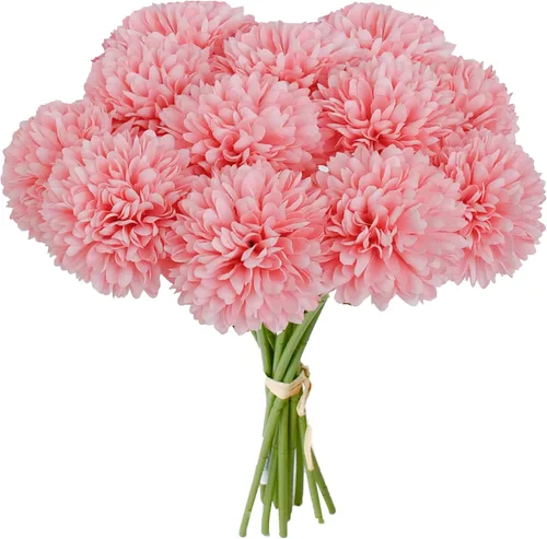 Vista 8 de Mandy's 6 tallos de seda beige Kiku flores de bola Tallos artificiales de crisantemo para decoración del hogar, verano, arreglo floral sintético