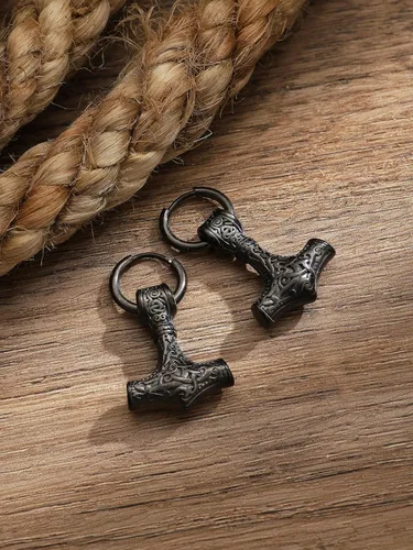 Vista 3 de HAQUIL Viking Jewelry - Amuleto vikingo con diseño de hacha de lobo y runa Mjolnir, aretes colgantes para hombres y mujeres