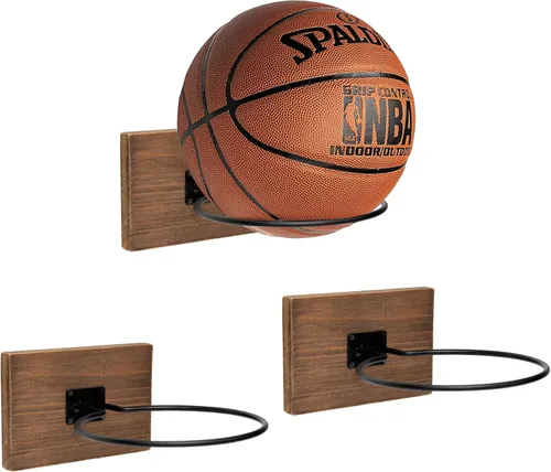 Vista 9 de GENMOUS Set of 3 Wood Basketball Holder Wall Mount Display for Boys Room Decor, Metal Ball Rack Display Stand for Basketball Football Volleyball