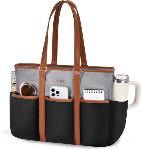 Vista 14 de LOVEVOOK bolso tote vintage para laptop para mujer, Beige-Negro, 15,6 pulg., Moda