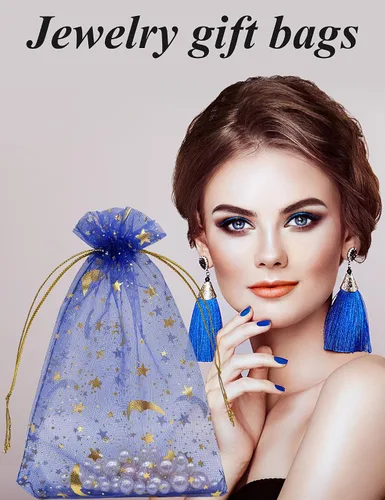 Vista 6 de Jexila 100 bolsas de regalo de organza azul con estrella lunar, 4 x 6 pulgadas, bolsa pequeña de malla con cordón para regalos, joyas, bolsitas