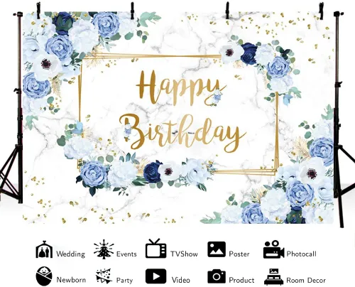 Vista 4 de MEHOFOND Telón de fondo de feliz cumpleaños de 7 x 5 pies, flores azules y blancas, fondo de fotografía de cumpleaños para niñas, puntos geométricos
