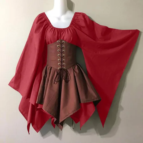 Vista 2 de pbnbp Vestidos medievales renacentistas con corsés, trajes de hadas de elfo de Halloween, manga mariposa, dobladillo irregular, disfraces de feria