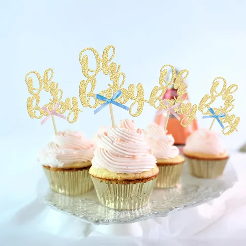Vista 4 de Gyufise 36 piezas Adornos para cupcakes Oh Baby con moño azul y rosa, brillante dorado, adornos para cupcakes de baby shower, adornos para cupcakes