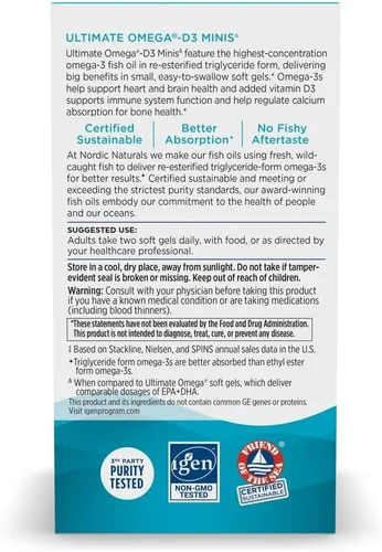 Vista 6 de Nordic Naturals Ultimate Omega Mini D3, sabor a limón, 60 mini geles suaves, 1120 mg de omega-3 + 1000 UI de vitamina D3, EPA y DHA, promueve