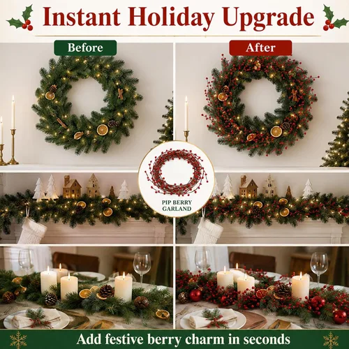 Vista 4 de RAINFLOW 40 FT Red Berry Garland - 2 Rolls Pip Berry Garland for Christmas