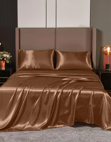 Vista 31 de Juego de sábanas de satén de seda de 4 piezas Sábana bajera Sábana encimera Funda de almohada Calidad de hotel sedoso suave y lujoso