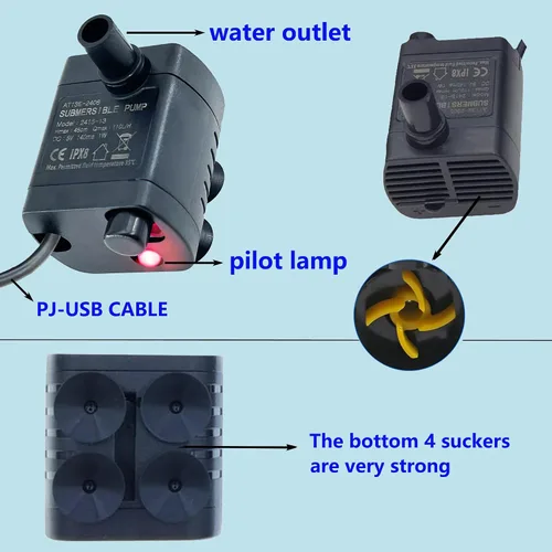 Vista 3 de Mini bomba sumergible USB, tubo de 1 M, CC 5 V, 0.7 W, bomba de banco eléctrica sin escobillas, fuente para mascotas, pequeño sistema hidropónico