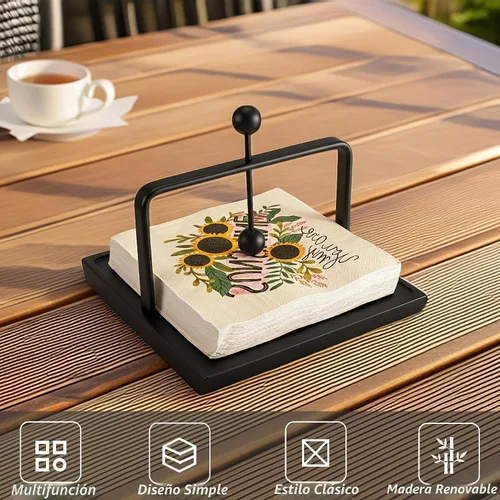 Vista 4 de ALLCENER Servilletero para mesa con brazo pesado Servilletero plano moderno negro Diseño de metal mate y madera para encimera de cocina, comedor