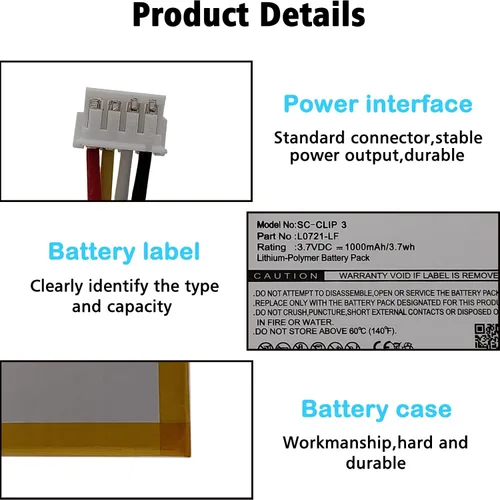 Vista 4 de L0721-LF - Batería de 1000 mAh compatible con clip 3 / clip 3AN / Clip 3SAND altavoz Bluetooth impermeable con herramientas pieza de batería sin