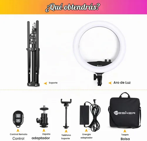 Vista 9 de Anillo de luz con soporte de trípode, kit de anillo de luz LED de 14 pulgadas Yesker con soporte para teléfono, temperatura de color ajustable