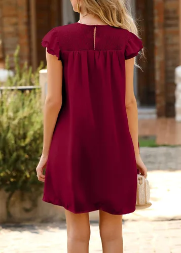 Vista 6 de KIRUNDO Vestido casual de verano 2024 para mujer, manga casquillo con volantes, cuello redondo, corto, liso, holgado, de gasa, vestido recto
