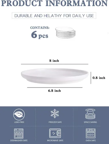 Vista 2 de Kanwone Platos de ensalada de postre de porcelana, 8 pulgadas, juego de 6, platos blancos, aptos para microondas y lavavajillas, platos blancos