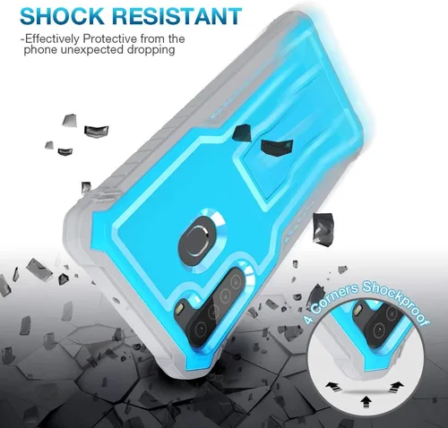 Vista 5 de FITO Funda para Samsung Galaxy A21, doble capa a prueba de golpes resistente con protector de pantalla para teléfono Samsung A21, soporte Azul