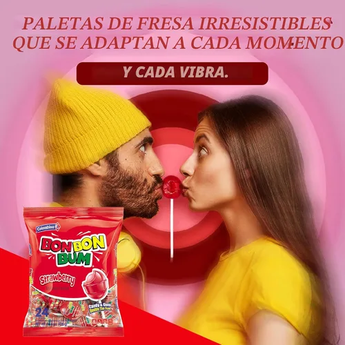 Vista 4 de Colombina Bon Bon Bum - Paletas de fresa, caramelos duros de frutas, paletas de fresa dulces envueltas individualmente, 24