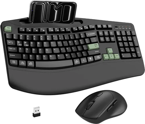 Vista 10 de Combo de teclado y mouse inalámbricos, teclas onduladas de tamaño completo 2.4G, teclado ergonómico con reposamuñecas, soporte para teléfono, mouse