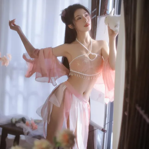 Vista 2 de Lencería sexy china transparente para mujer, vestido Hanfu bordado para mujer