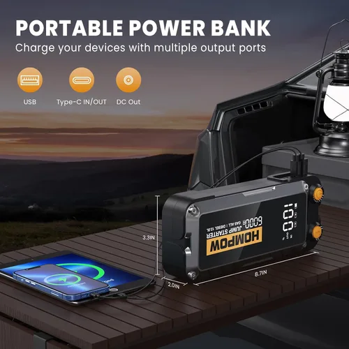 Vista 9 de HOMPOW 6000A Arrancador de Coche Portátil, Paquete de Batería de Arranque de Coche para Todos los Motores de Gasolina y hasta 12L de Motor Diésel