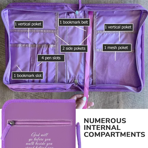 Vista 36 de DEHITE Funda para la Biblia para mujer, bolsas de transporte de la Biblia, tamaños medianos y grandes, ranuras para bolígrafos, tela de primera