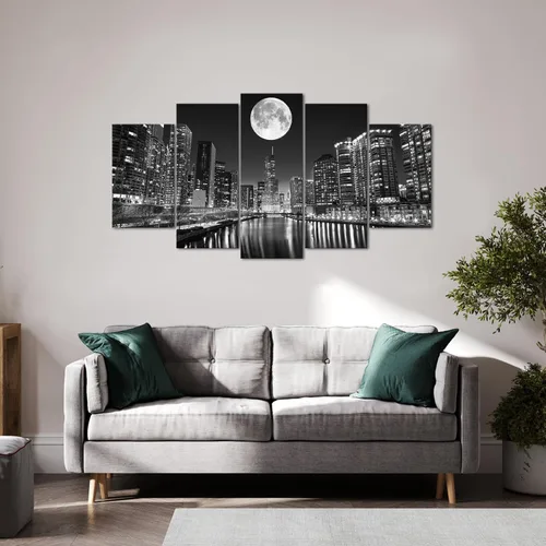Vista 2 de Biuteawal Arte de pared de 5 paneles de paisaje urbano en la noche de la luna, pintura moderna de ciudad en blanco y negro para el hogar, oficina
